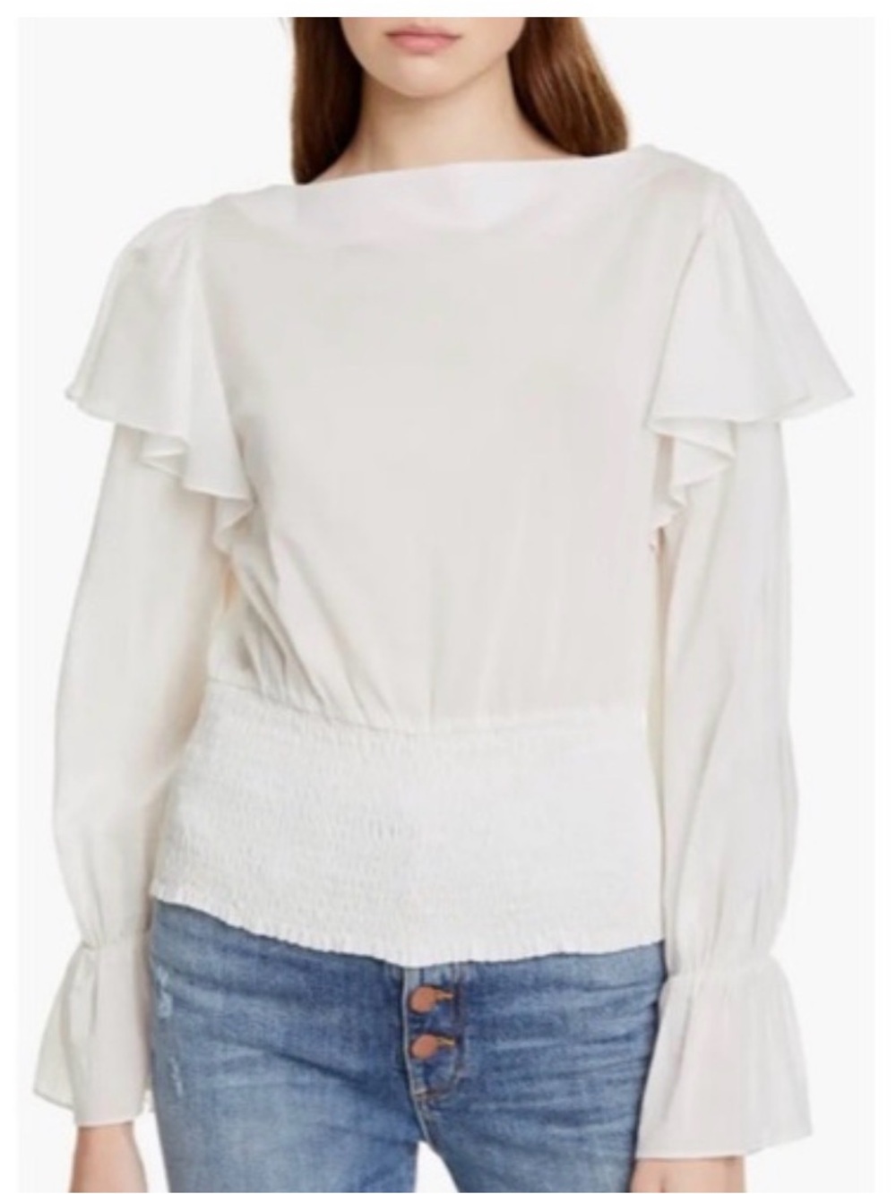Alice + Olivia Women’s Ivory Laya Ruffle-Trim Smocked Waist Blouse Size S